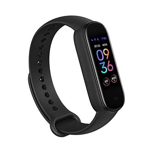 Amazfit Band 5 活动健身追踪器，内置 Alexa，15 天电池寿命，血氧、心率、睡眠和压力监测，5 ATM 防水，男士女士儿童健身手表，黑色