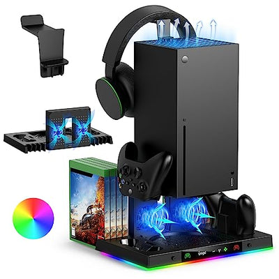 FYOUNG Upgrade Cooling Fan Stand&Charging Station for Xbox Series X Console&Controller with 15RGB Color Light, Dual Charger Dock for Xbox Series X Accessories Storage with 3-Levels Cooler Fan System