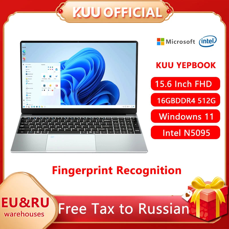 15.6 Inch 16GB Laptop 512GB SSD Windows 11 Notebook Intel Celeron N5095 Office Computer Backlit with Fingerprint WiFI Camera BT