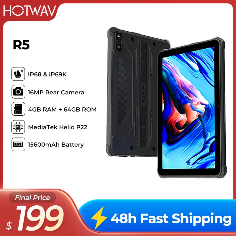 全球版 HOTWAV R5 坚固型平板电脑 Android 12 八核 4GB 64GB 15600mAh 10.1 英寸高清+ 显示屏 16MP 后置摄像头平板电脑