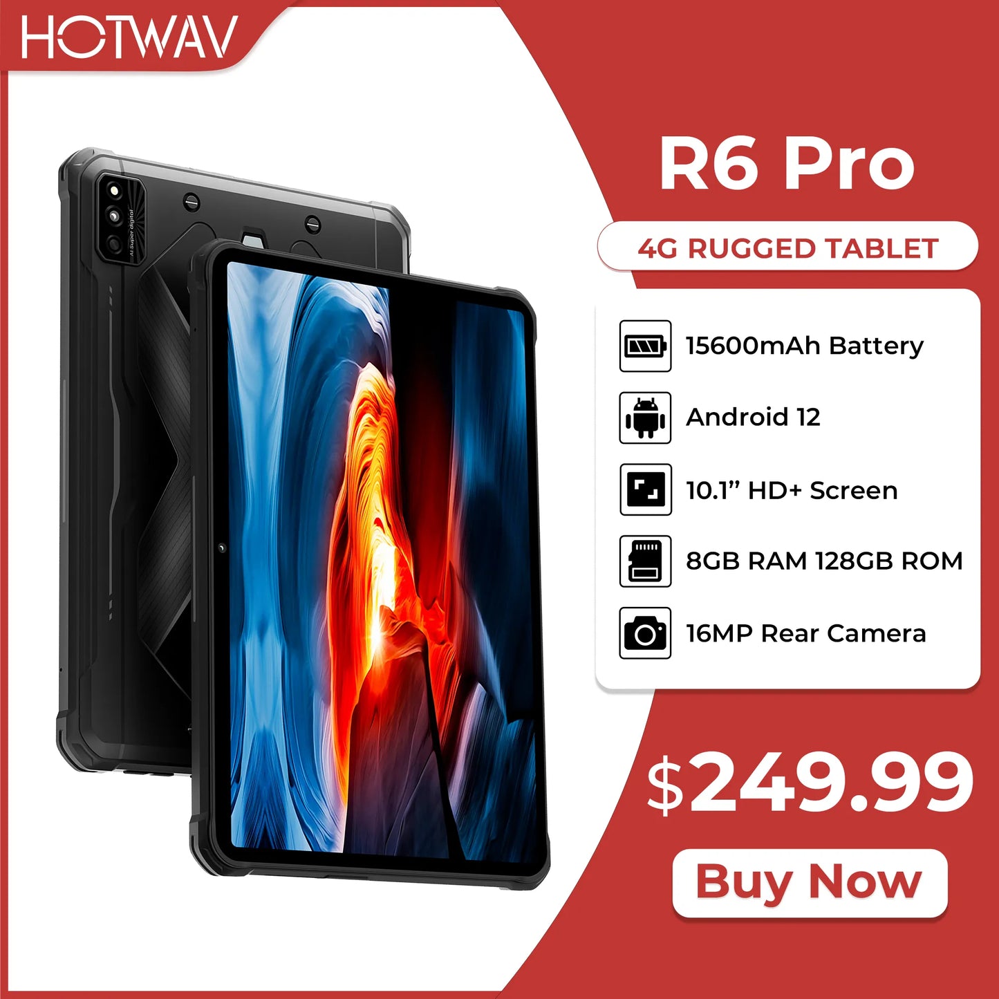 HOTWAV R6 Pro Rugged Tablet 15600mAh Android 12 10.1 Inch HD+ Pad 8GB 128GB Octa Core 16MP Camera Dual SIM Glove Mode Tablets PC