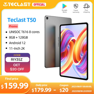 Teclast T50 2023 11" 2K Tablet Android 12 2000x1200 8GB RAM 128GB ROM UNISOC T616 Octa Core 4G Network Type-C 18W Fast Charging