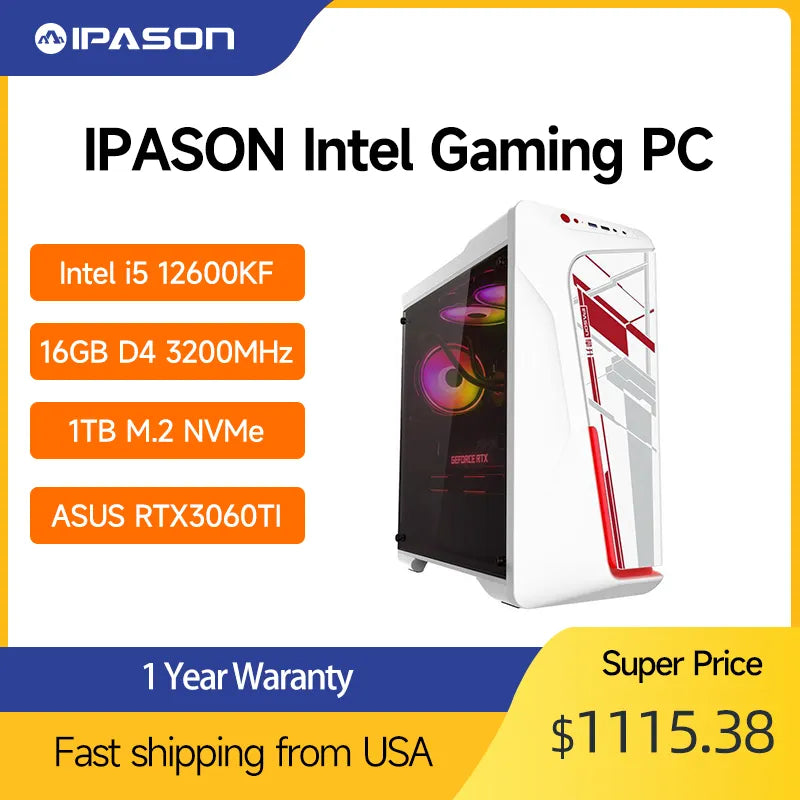 IPASON 游戏台式电脑英特尔第 12 代 i5 12600KF 10 核高达 4.9GHz - 华硕 GeForce RTX 3060Ti-1TB SSD NVMe-16GRAM WIFI6 WIN11