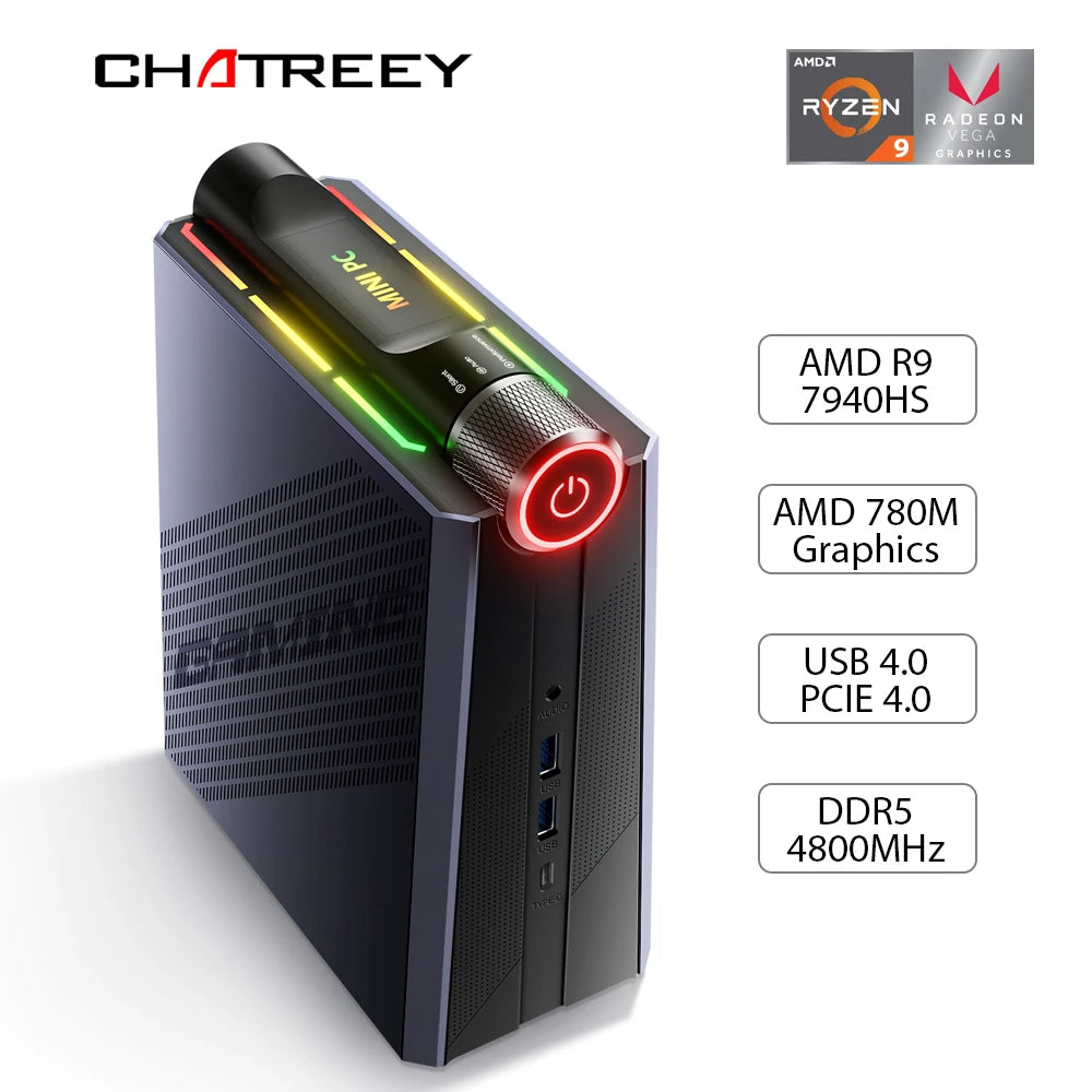 Chatreey AMR5 AM08 迷你电脑 AMD Ryzen 5 R7 7735HS R9 6900HX 游戏台式电脑 WiFi 6 BT 5.0 预装 Windows 11 