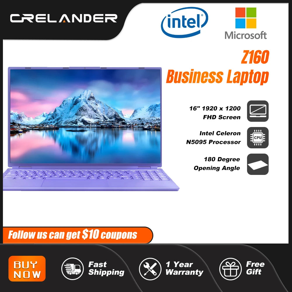 CRELANDER 16 英寸商务笔记本电脑 IPS 屏幕英特尔赛扬 N5095 12GB RAM 笔记本电脑带 RGB 背光键盘