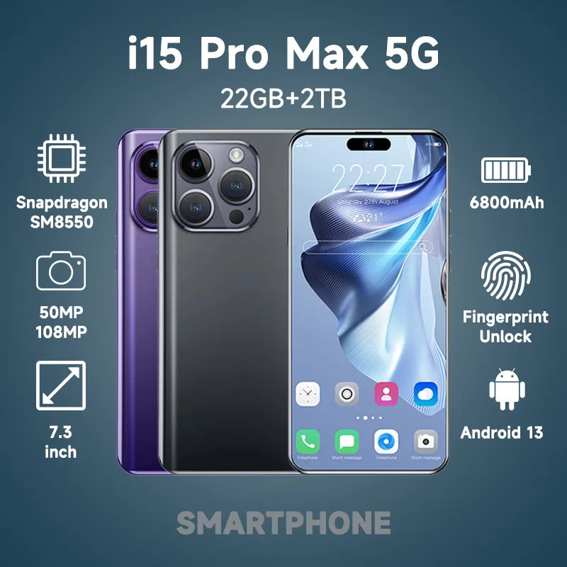 2023 新款 i15 Pro Max 全球版智能手机 16G+1TB 6800mAh 50MP+108MP 4G/5G 网络手机双卡 Android 手机