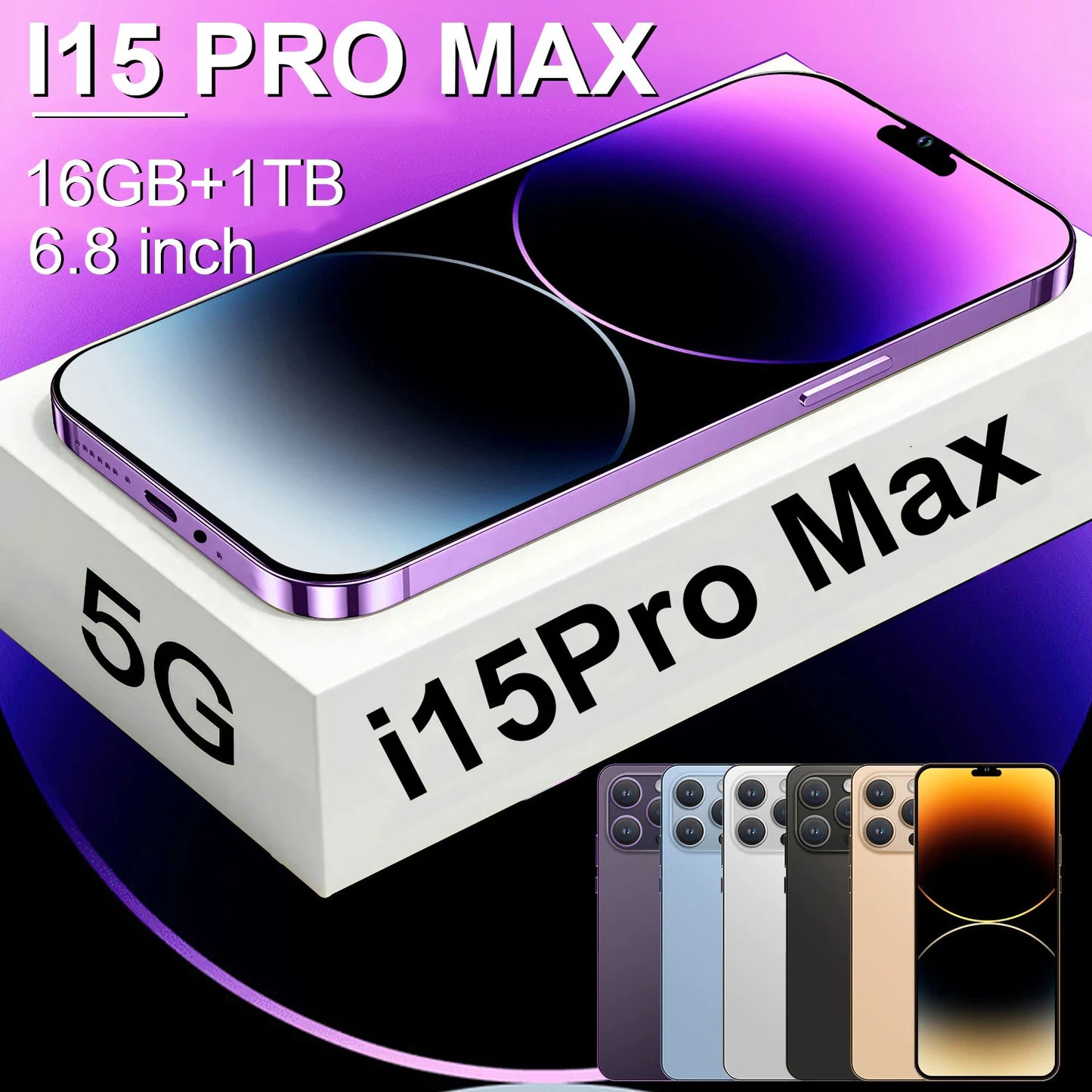 2023 Brand New i15 Pro Max Android Smartphone 6.8inch Full Screen Face ID 16GB+1TB Mobile Phones Global Version 4G 5G Cell Phone