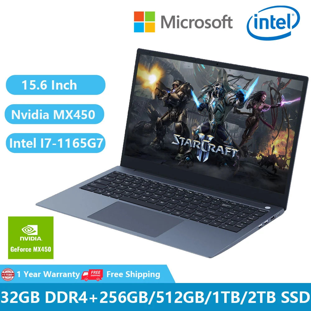 2023 Gaming Laptops Discrete Graphics Geforce MX450 Office Notebooks 11th Gen Intel I7-1165G7 32GB RAM +2TB M.2 Type-C DP Metal