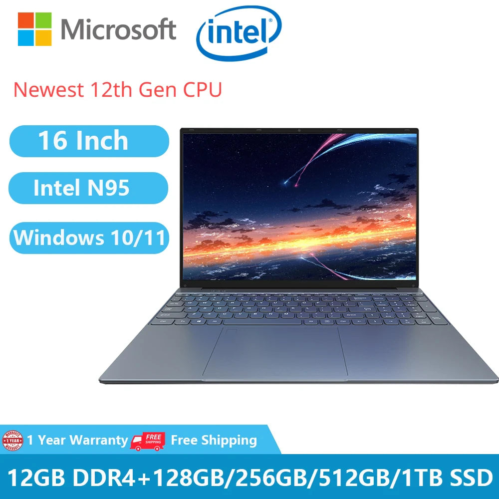 2023 Gaming Laptops Windows 11 Computer Office Notebooks Netbook 16 Inch 12th Gen Intel Alder N95 12GB DDR5 1TB M.2 WiFi Camera