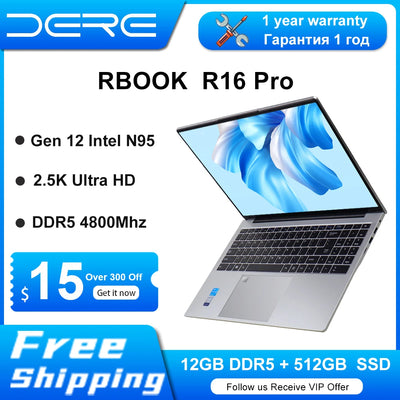 DERE Laptops R16 Pro 16" 2.5K IPS Ultra HD 12th Gen Intel N95 Processor 3.4Ghz 12GB DDR5+512GB SSD Windows 11 Ultrabook Notebook