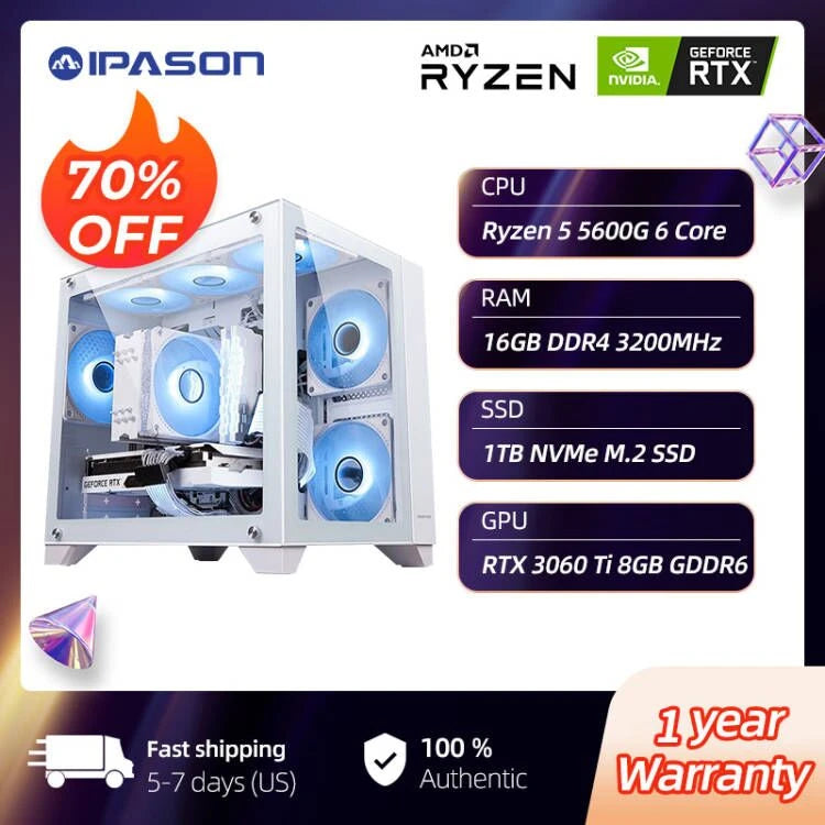 IPASON Gaming Desktop AMD Ryzen 5 5600G 6 Core 3.9GHz RTX 3060 Ti 16GB 1TB SSD M.2 NVMe Windows 11 Home WIFI Gaming PC