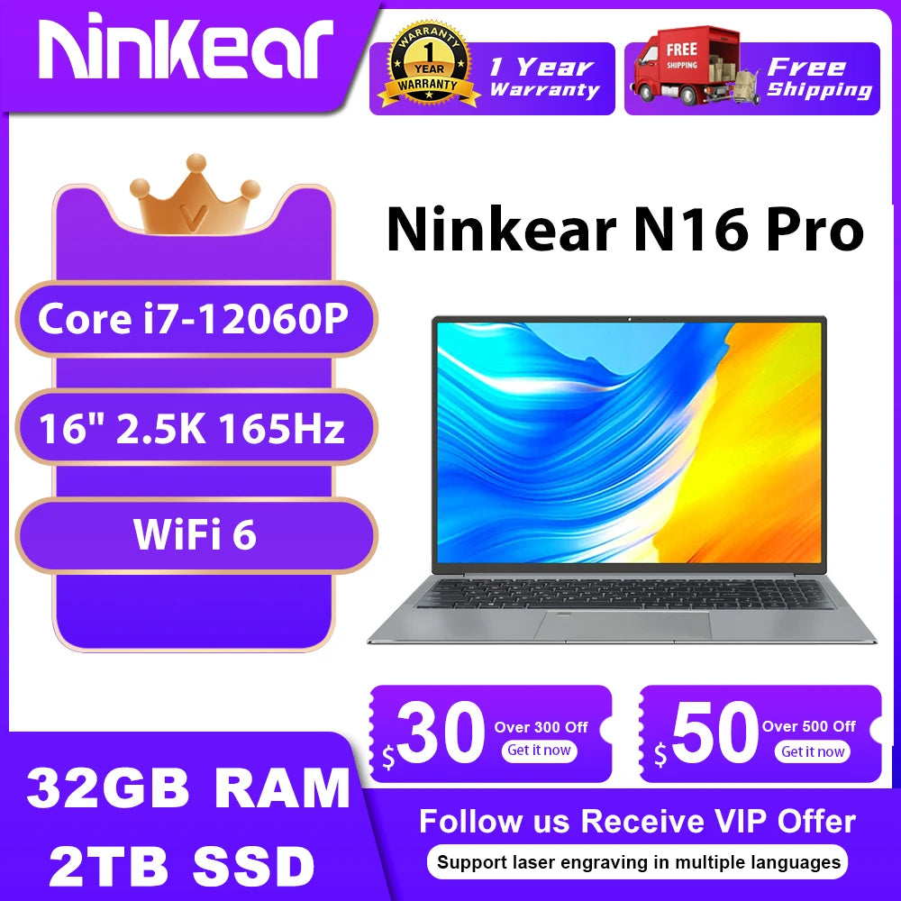 Ninkear Laptops N16 Pro 16" 2.5K 165Hz Intel Core i7-1260P WiFi 6 32GB RAM + 2TB SSD Office Computer Laptop Windows 11 Notebook