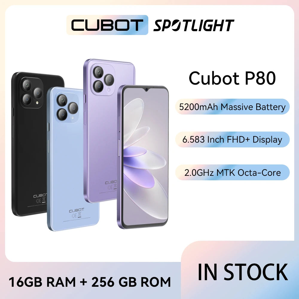 Cubot 2023 全新全球版智能手机 P80，Android 13 手机，8GB RAM，256GB ROM，NFC，6.583 英寸大屏幕，48MP 摄像头，GPS 